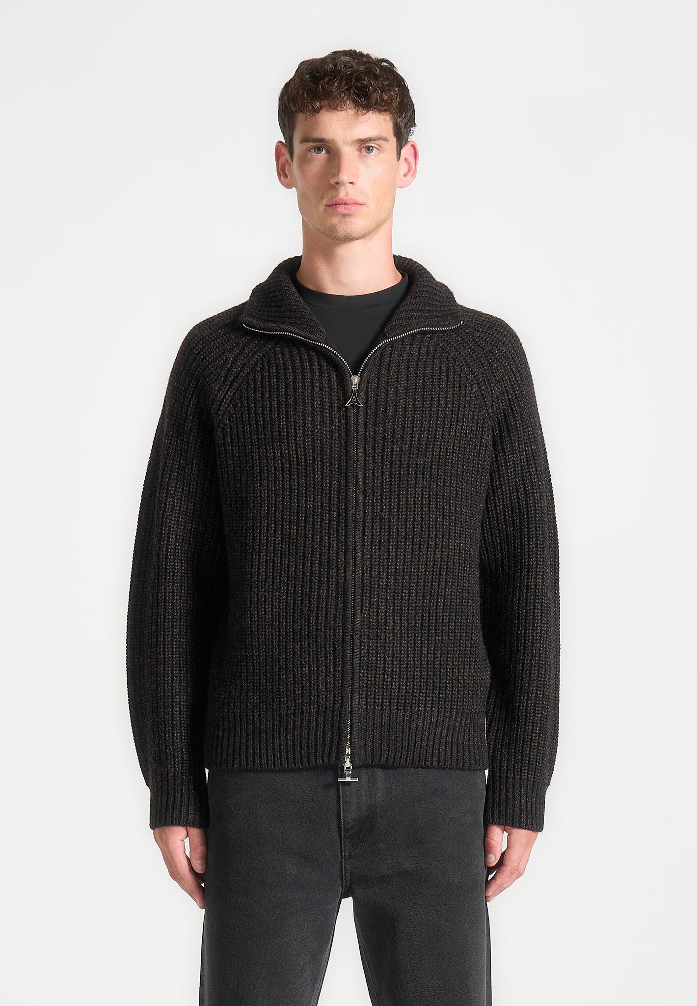 Speckled Wool Zip Up Cardigan - Black Male Product Image