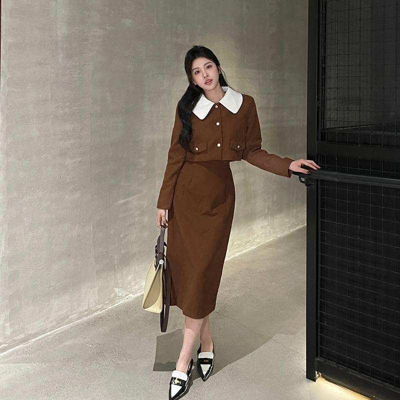 Set: Contrast Collar Crop Button Jacket + High Waist Plain Midi A-Line Skirt Product Image