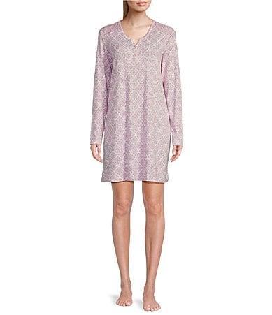 Karen Neuburger Long Sleeve Henley Floral Trellis Interlock Knit Nightshirt Product Image