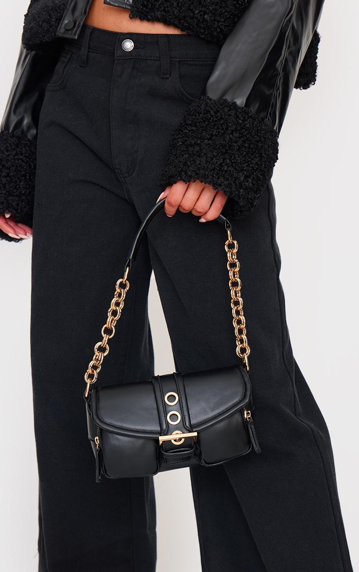 Black PU Buckle Detail Link Handle Shoulder Bag Product Image