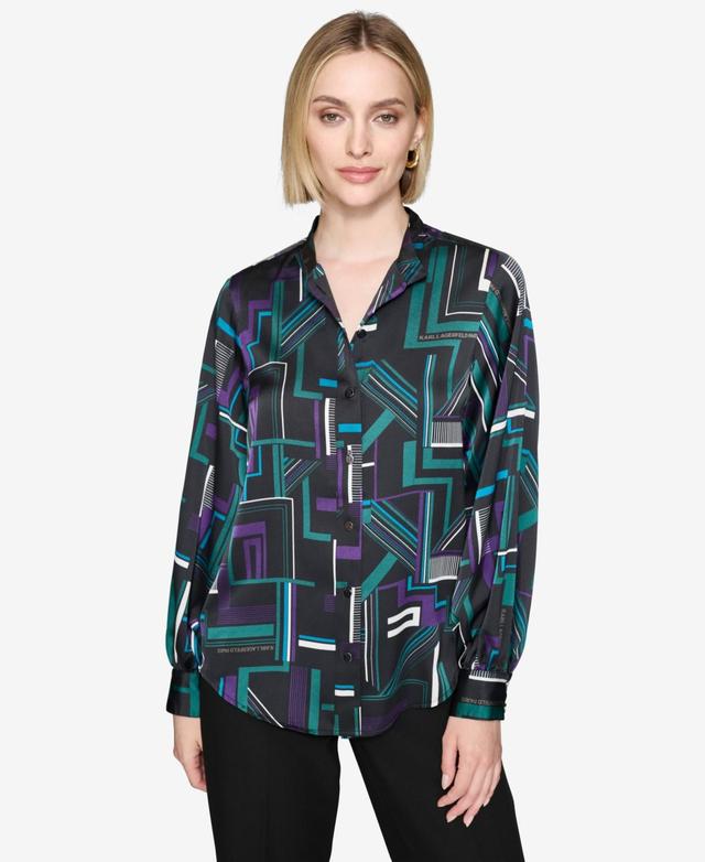 Karl Lagerfeld Paris Womens Printed Long-Sleeve Blouse Product Image