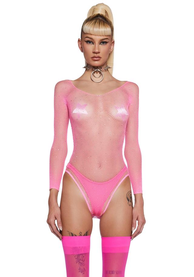 Sheer Fishnet Off The Shoulder Bodysuit With Rhinestones - Pink Product Image