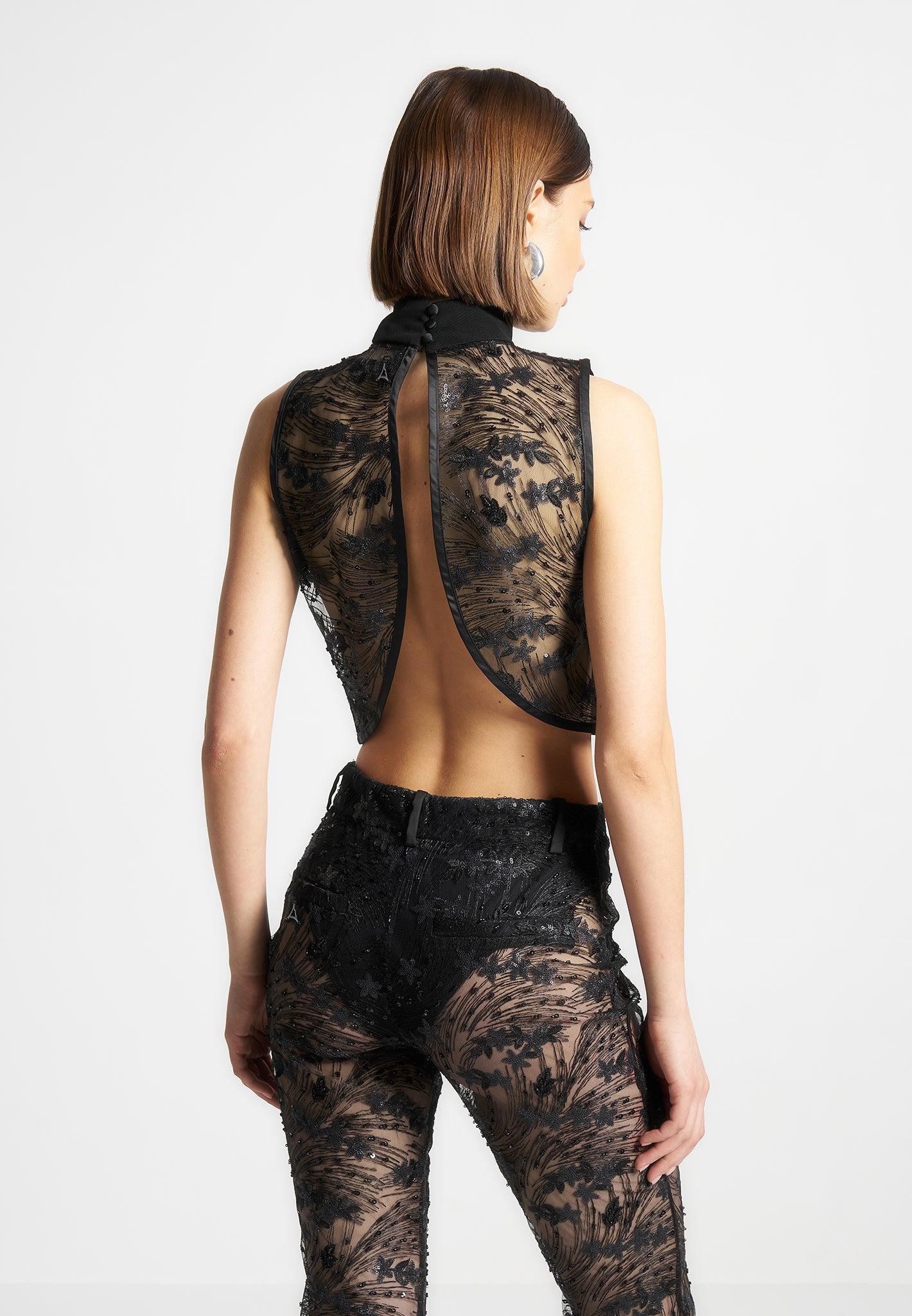 Embellished Lace Open Back Top - Black Female Product Image