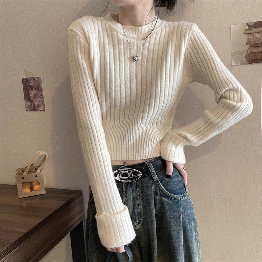 Round Neck Plain Ribbed Cropped Sweater Product Image