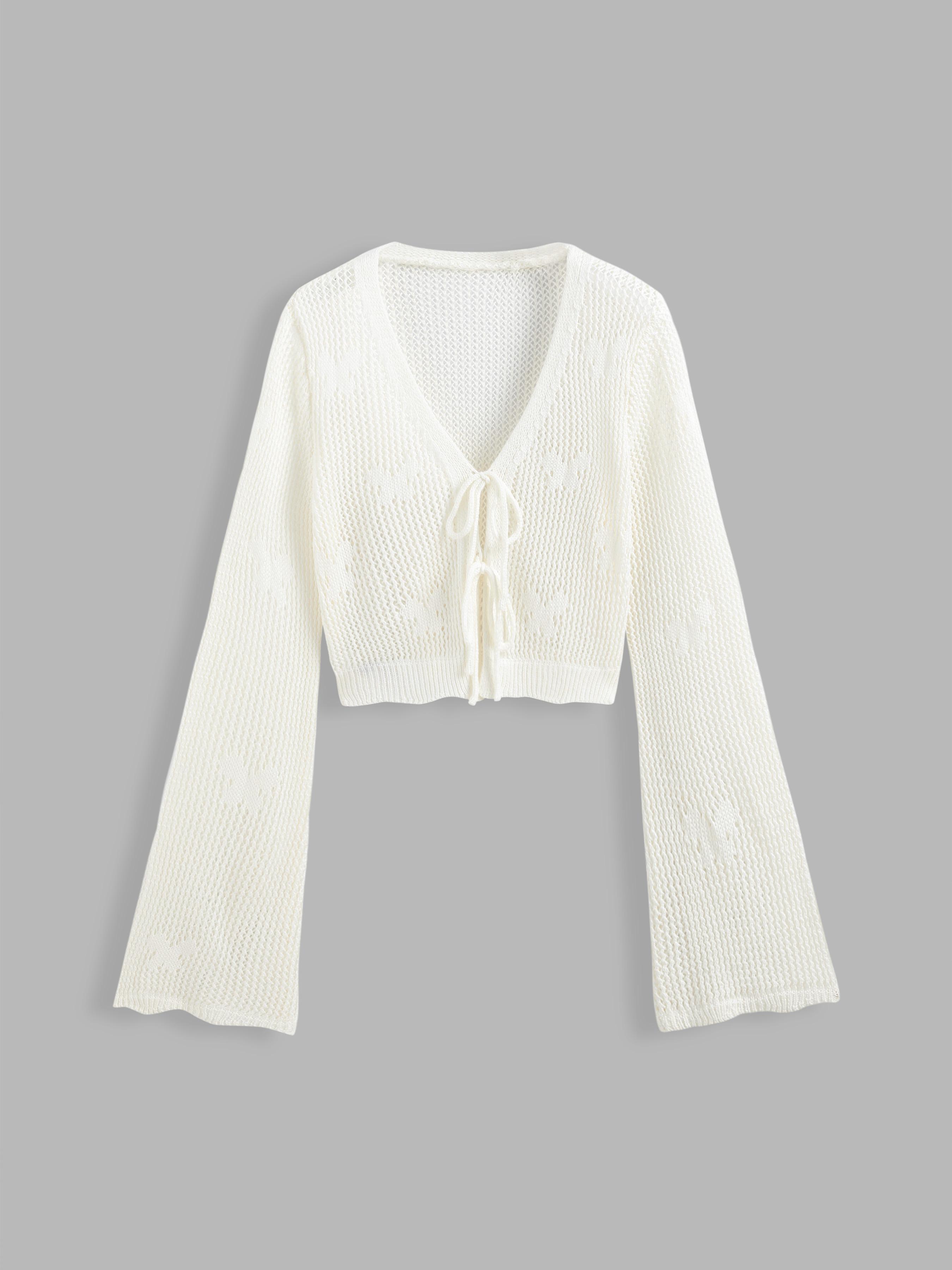 Solid Hollow Out Knit Knotted Cardigan Product Image