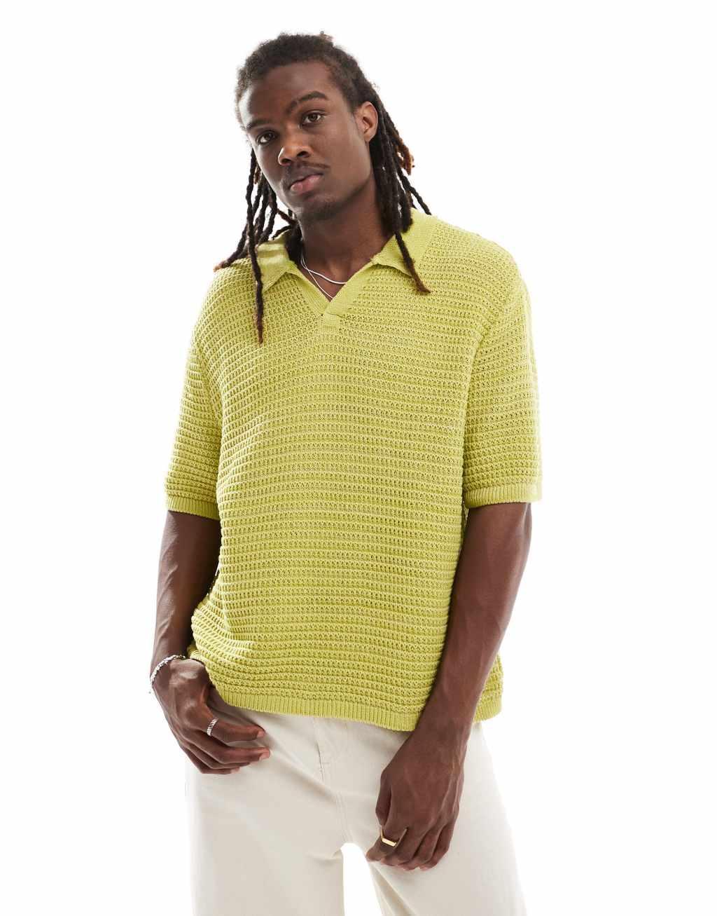 Reclaimed Vintage boxy cropped crochet polo shirt in green Product Image