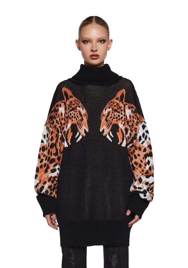 Acrylic Knit Cheetah Intarsia Oversized Sweater Current Mood - Black Product Image