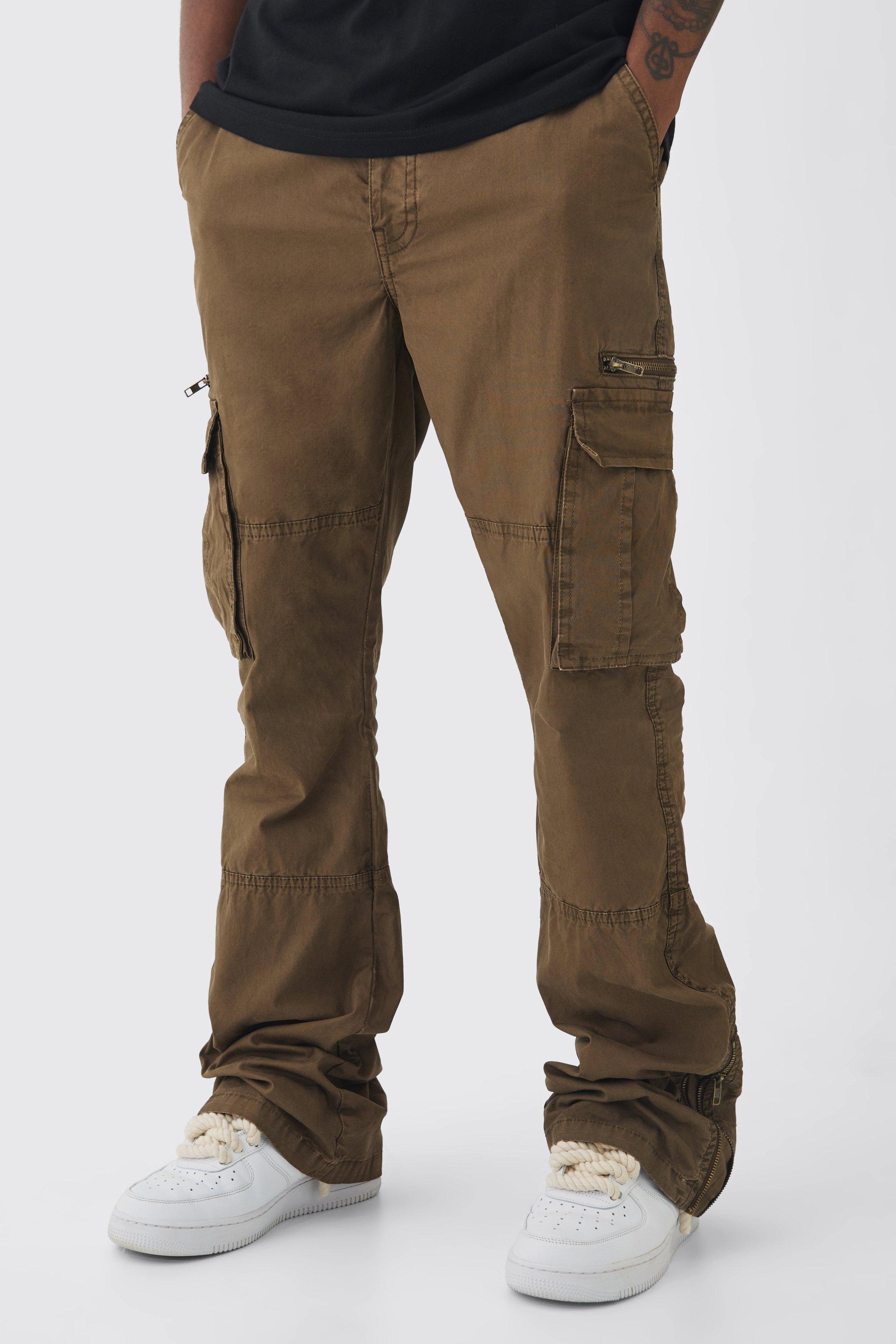 Tall Slim Flare Zip Gusset Overdye Acid Wash Cargo Pants In Chocolate | boohooMAN USA Product Image