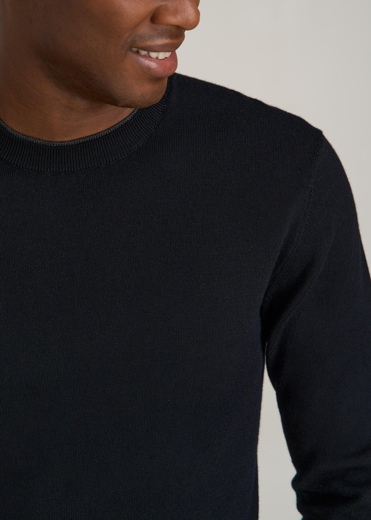 Merino Wool Crewneck Tip Sweater for Tall Men in Black Male Product Image