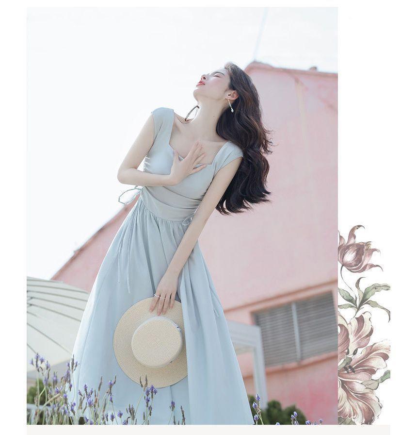 Cap-Sleeve Square Neck Plain Drawstring Maxi A-Line Dress Product Image