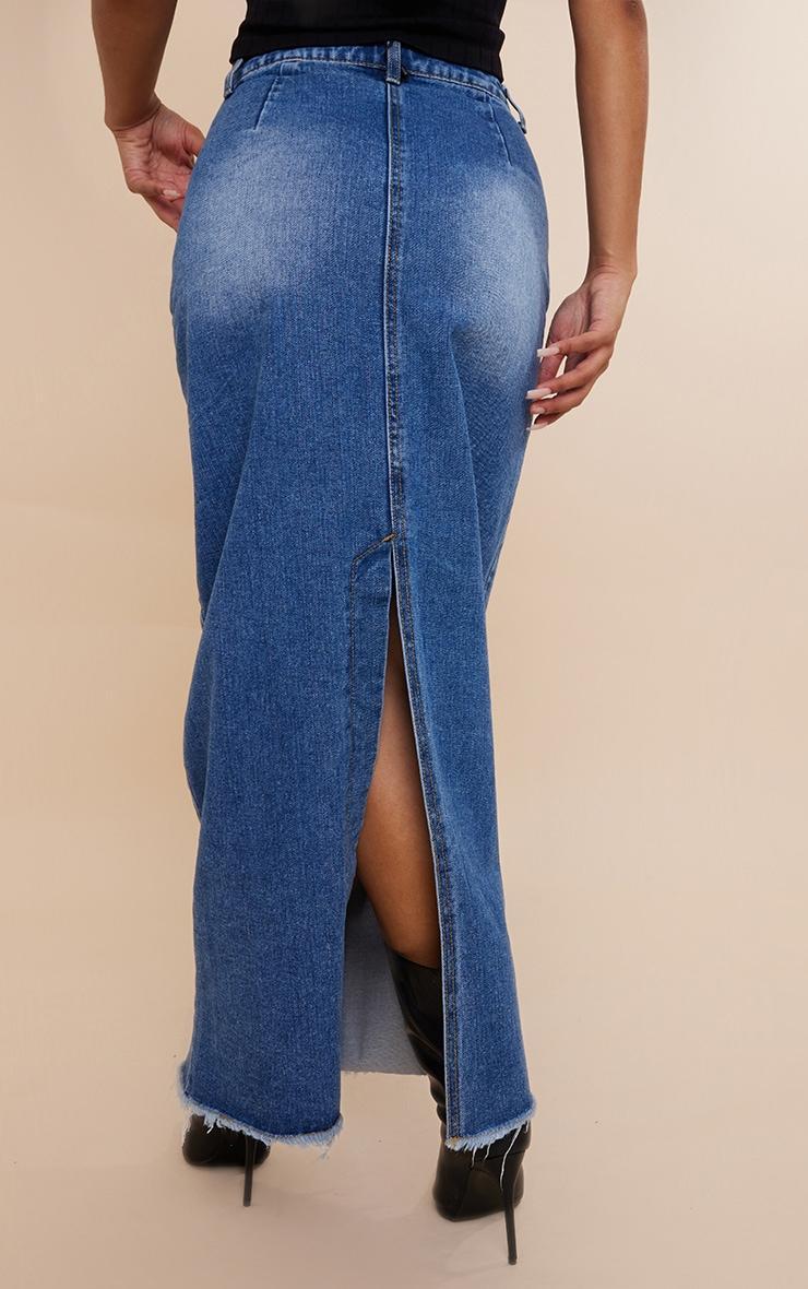 Mid Blue Wash Raw Hem Denim Maxi Skirt Product Image