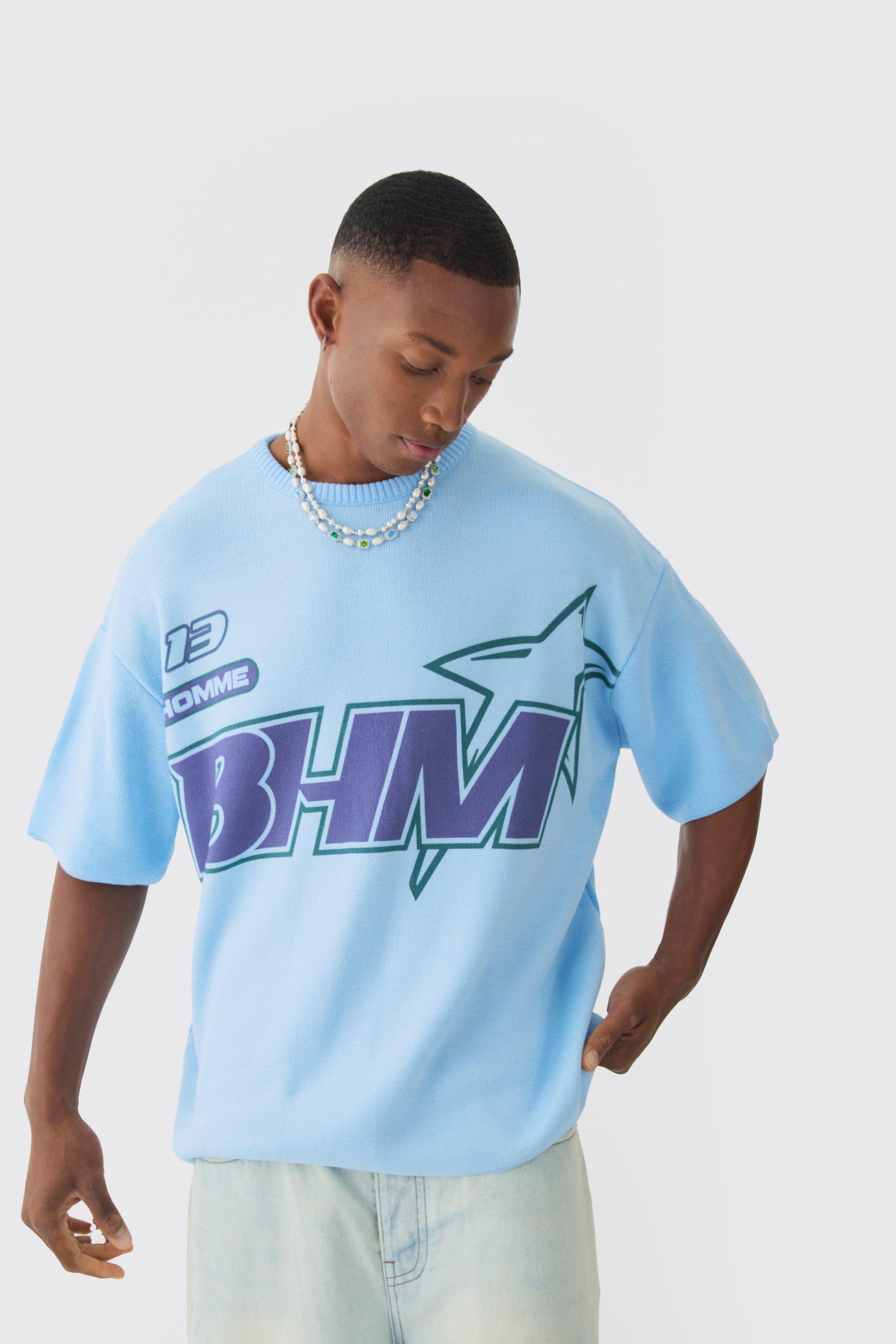 Oversized Open Stitch Printed Knitted T-shirt | boohooMAN USA Product Image