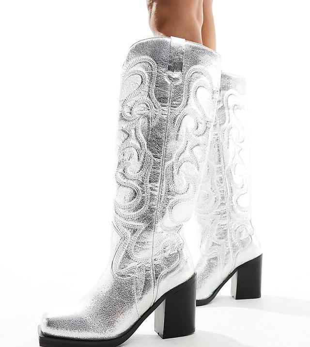 Public Desire Wide Fit Austine knee boot with western stitching in metallic silver Product Image