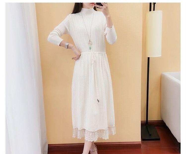 Long-Sleeve Mock Neck Plain Lace Panel Drawstring Waist Midi A-Line Knit Dress Product Image