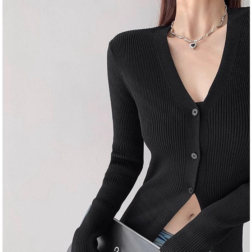 Long-Sleeve V-Neck Plain Button Midi Sheath Knit Dress Product Image