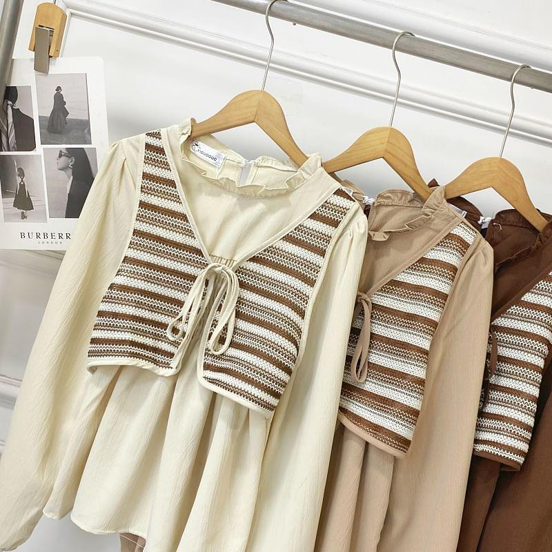 Long Sleeve Crew Neck Striped Mock Two Piece Blouse Product Image