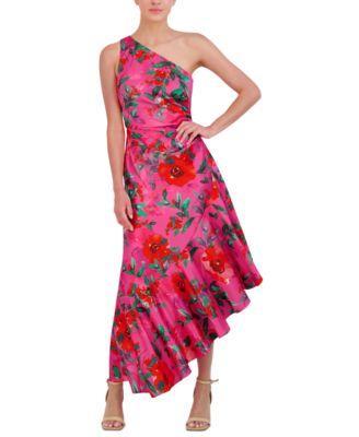 Petite Floral Satin Asymmetric-Hem Midi Dress Product Image