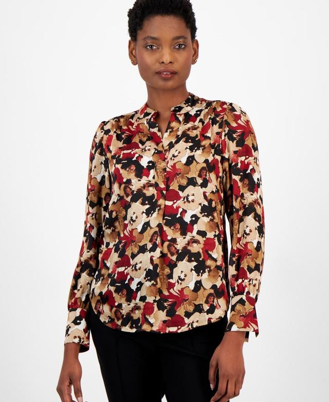 Anne Klein Womens Printed V-Neck Long-Sleeve Top Product Image