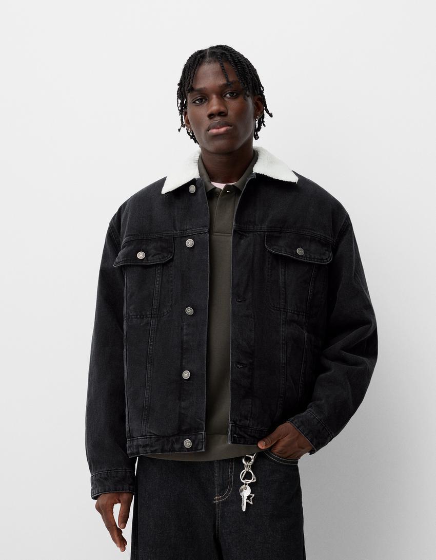 Denim jacket with faux shearling collar Product Image