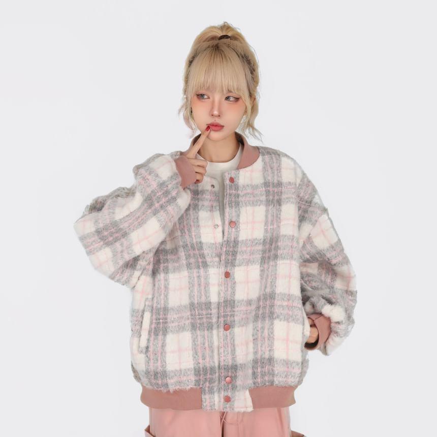 Plaid Zip-Up Bomber Jacket Product Image