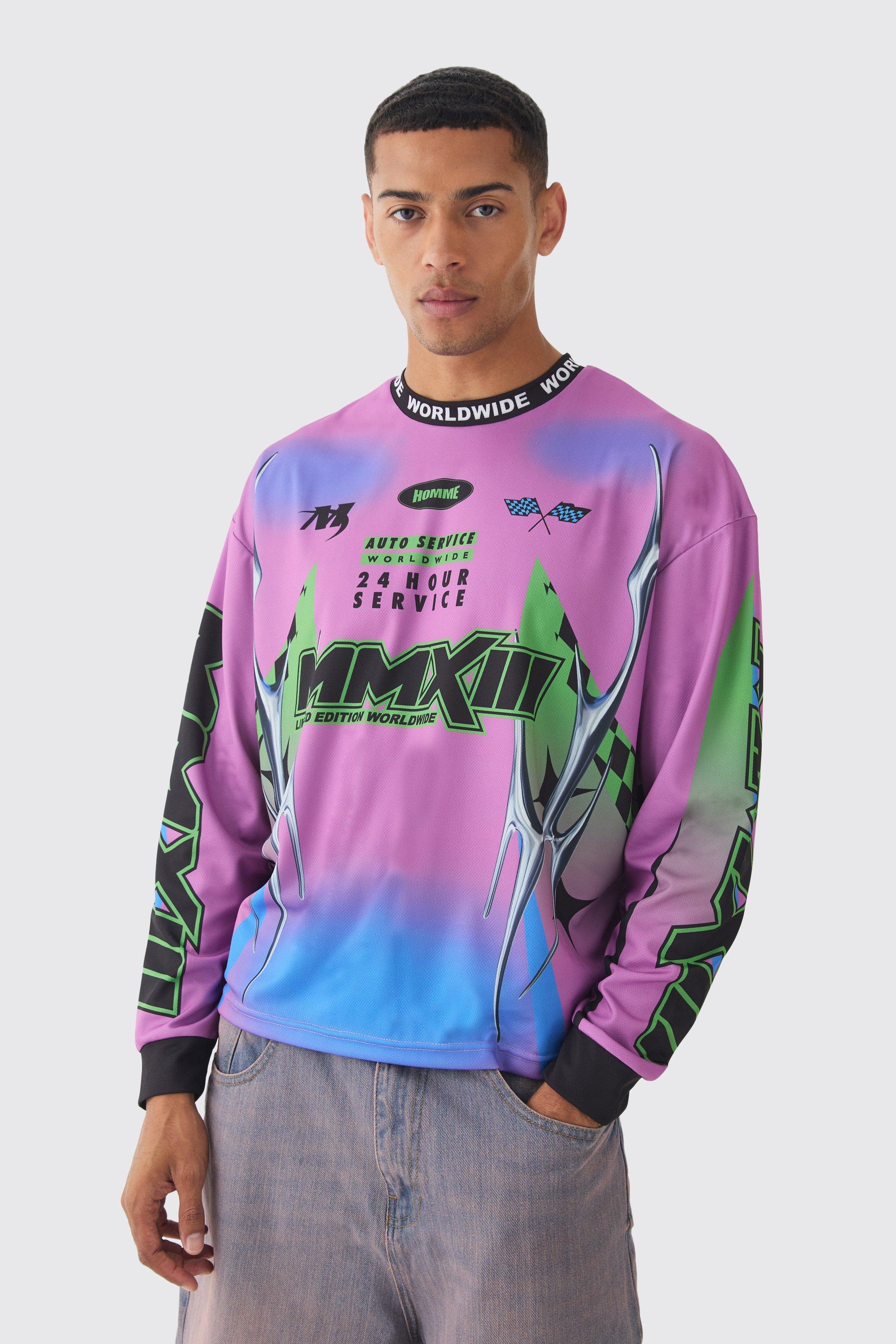 Oversized Boxy Mesh Graffiti Moto Jacquard Neck Long Sleeve T-shirt | boohooMAN USA Product Image