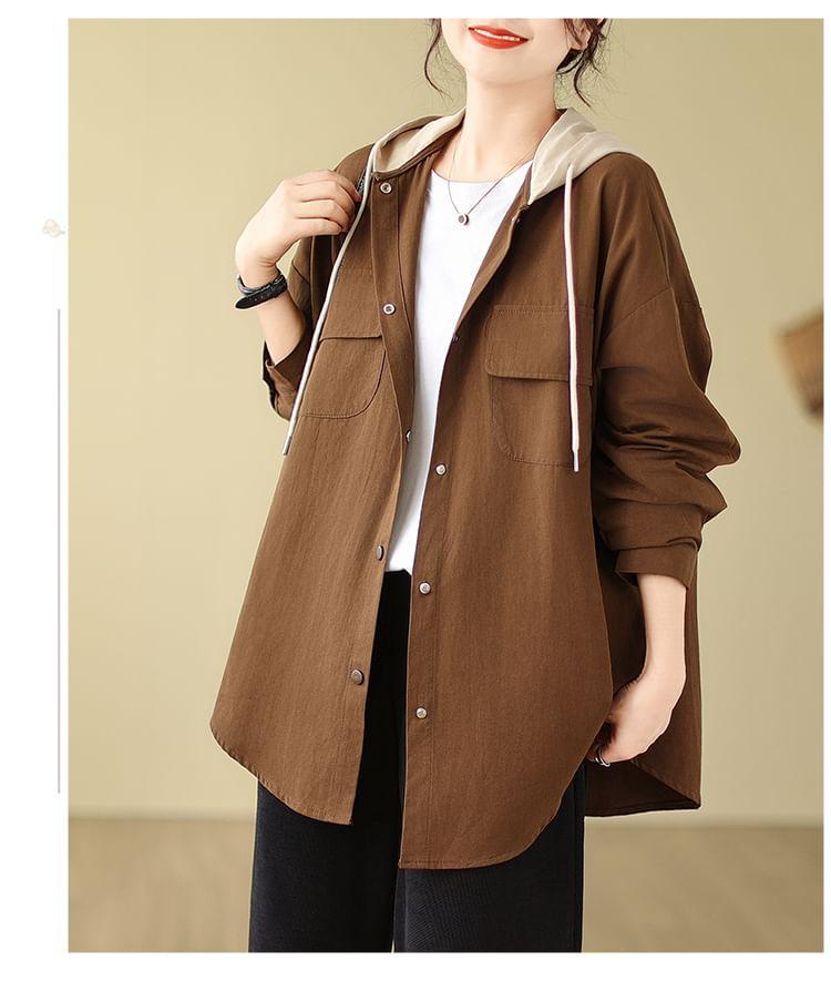 Two Tone Hooded Button-Up Jacket Product Image