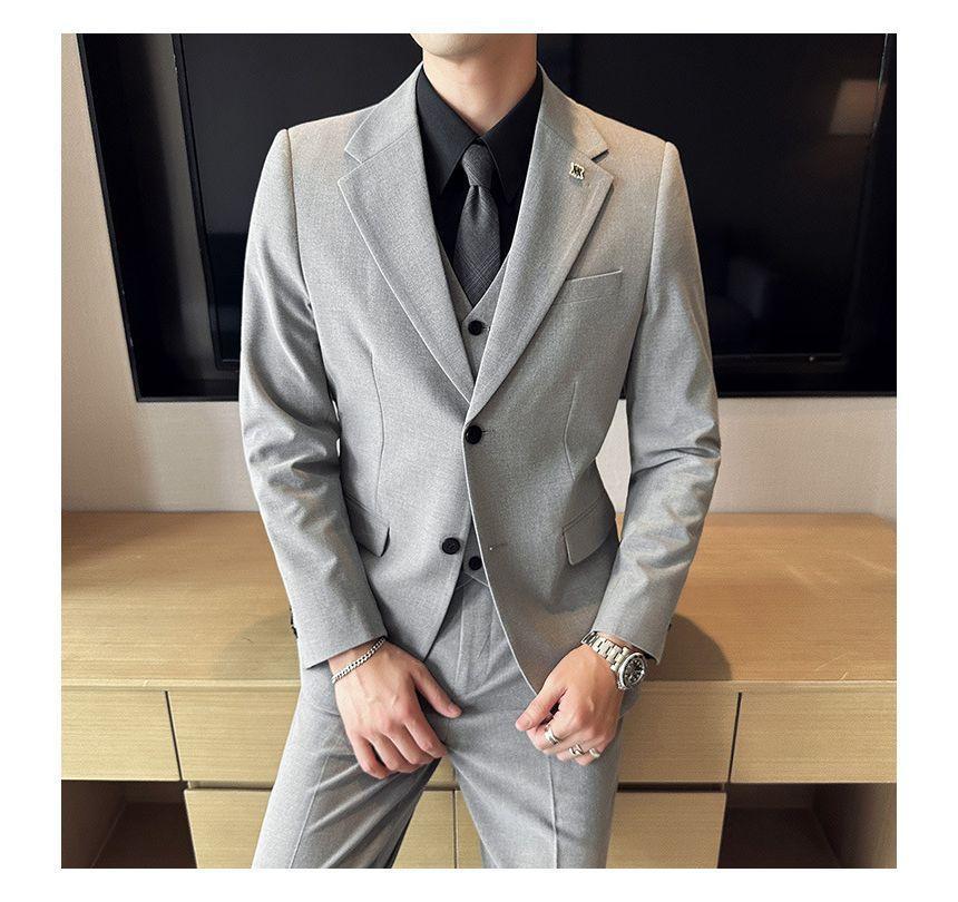 Set: Lapel Collared Single Breasted Blazer + Button Vest + Mid Rise Dress Pants Product Image