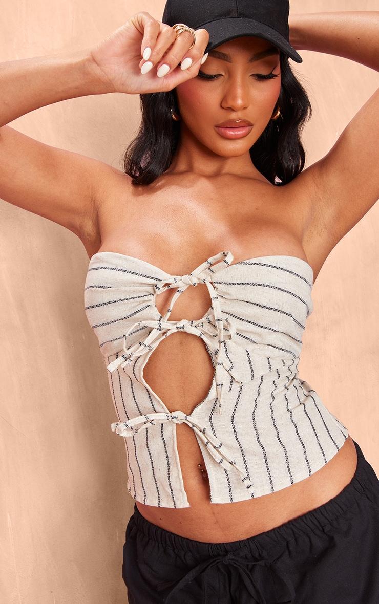 Stone Bandeau Tie Front Striped Linen Crop Product Image