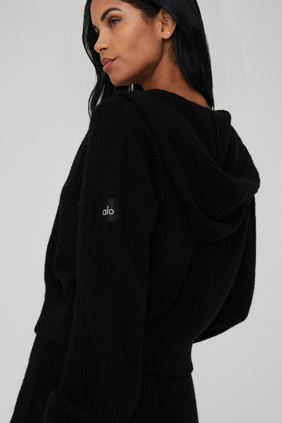 Cashmere Plush Waffle Full Zip Hoodie - Black Female Product Image