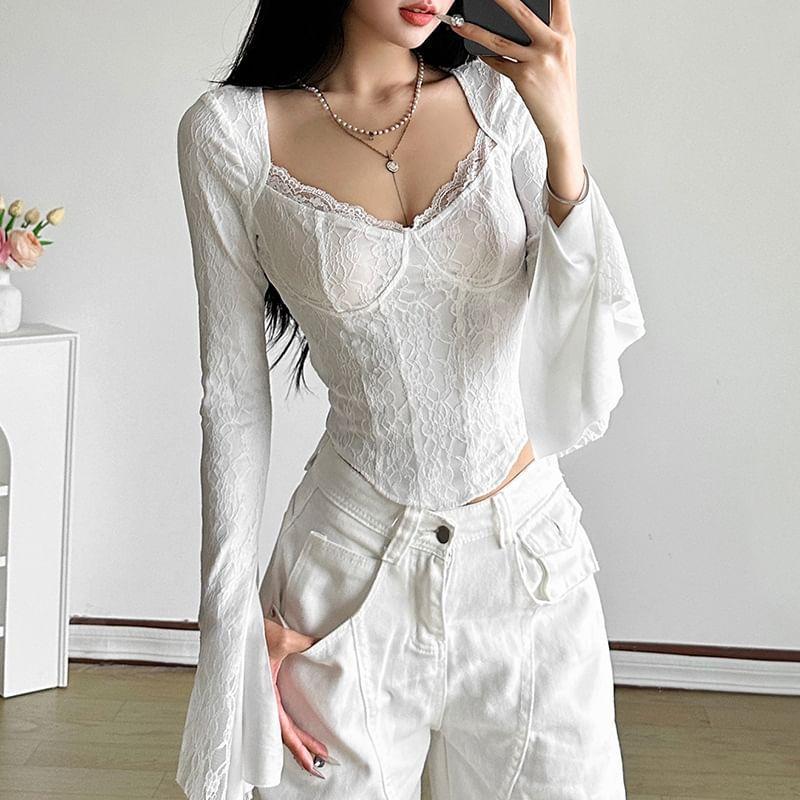 Flared-Cuff Sweetheart-Neckline Lace Top Product Image