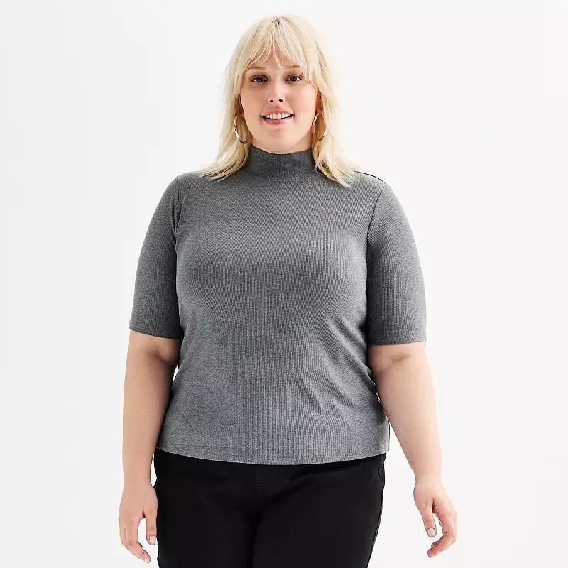 Plus Size Nine West Elbow Sleeve Fitted Mock Neck Top, Womens Coal Grey Product Image