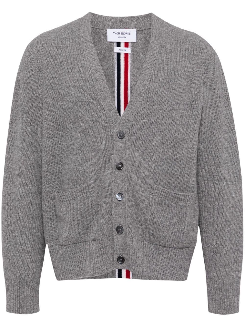 THOM BROWNE Stripe-trim Virgin-wool Cardigan In Grey Product Image