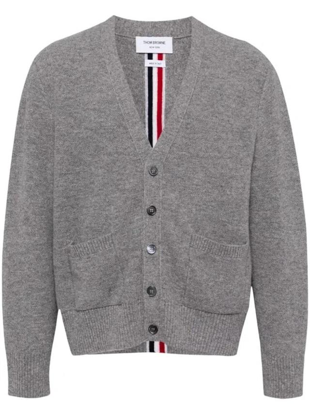 THOM BROWNE Stripe-trim Virgin-wool Cardigan In Grey Product Image