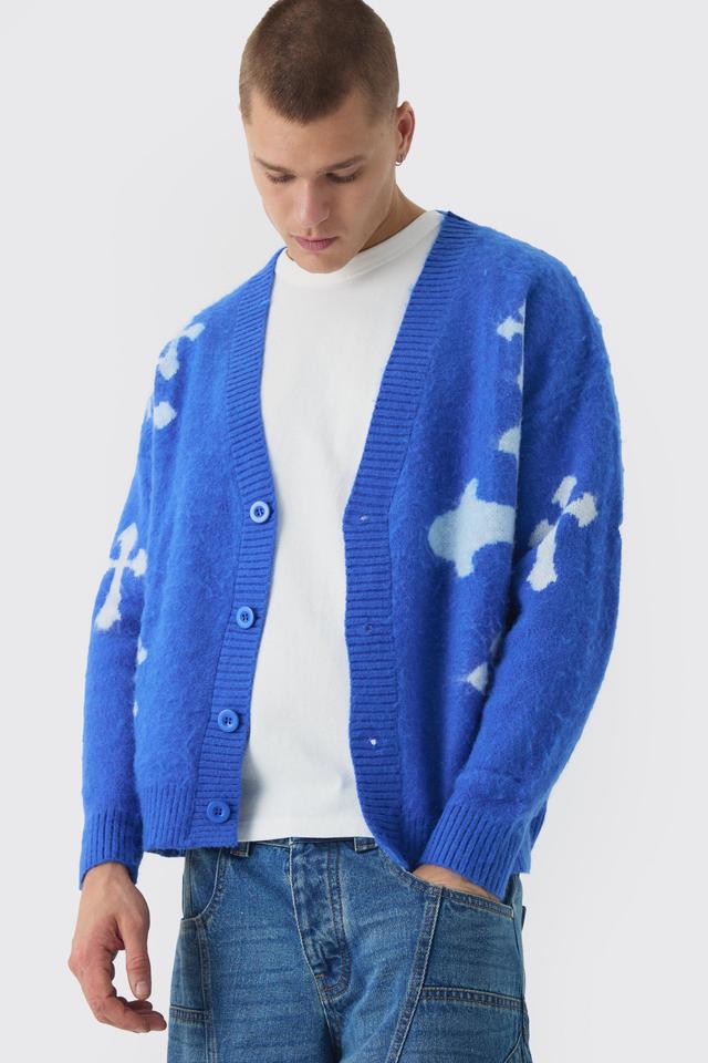 Oversized Boxy Cross Brushed Knitted Cardigan | boohooMAN USA Product Image