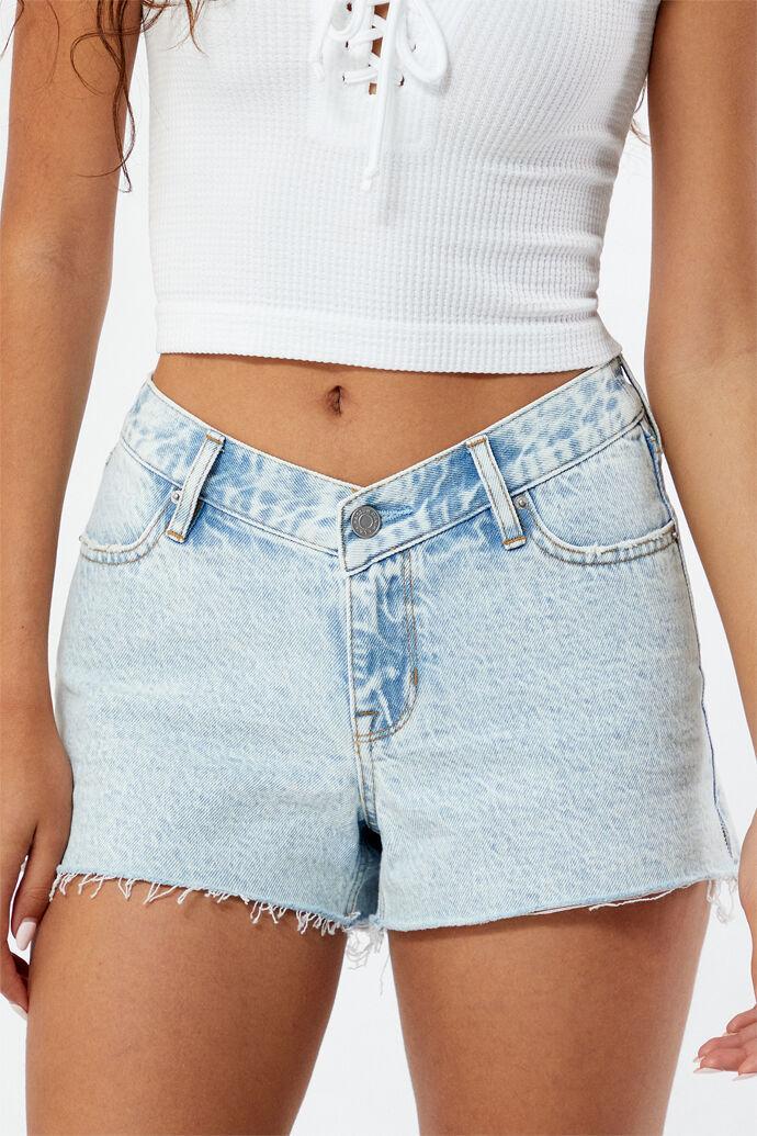 Women's Eco Light Indigo V-Dip High Waisted Denim Festival Shorts Product Image