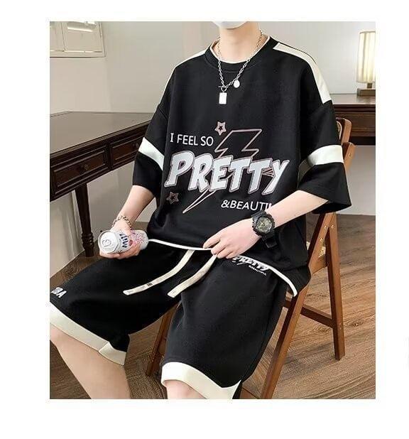 Set: 3/4-Sleeve Crew Neck Mock Two-Piece Two Tone Lettering Print T-Shirt + Drawstring Waist Wide Leg Sweat Shorts Product Image