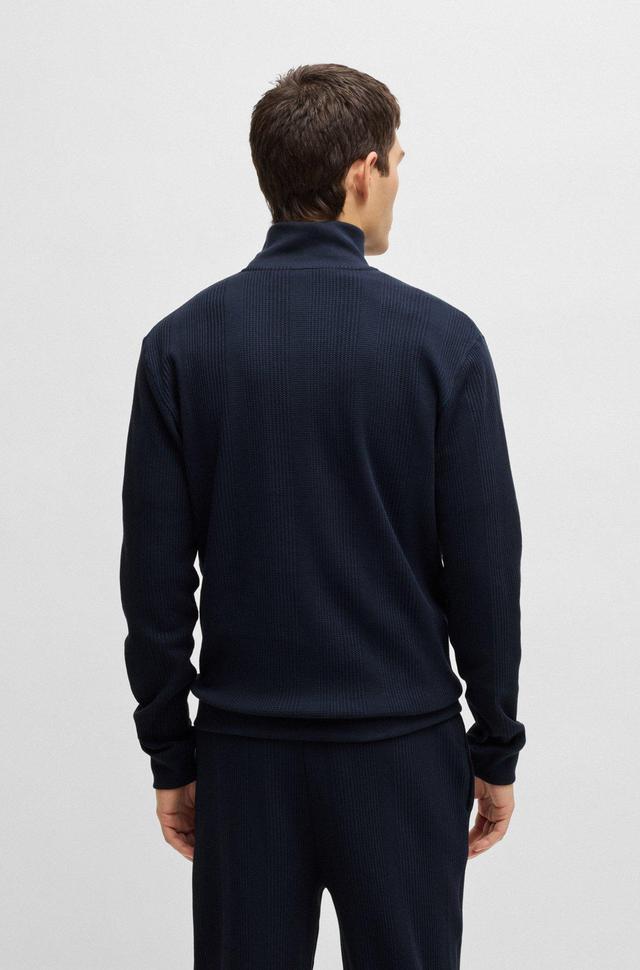 BOSS - Zip-neck sweater in a waffle-structured cotton  - Dark Blue Product Image