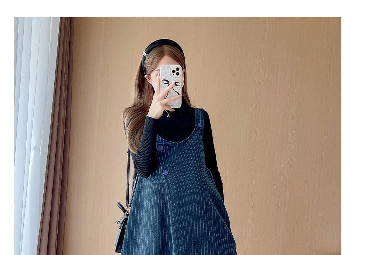 Maternity Striped Button Midi A-Line Jumper Dress / Long Sleeve Mock Neck Plain Ribbed Knit Top Product Image