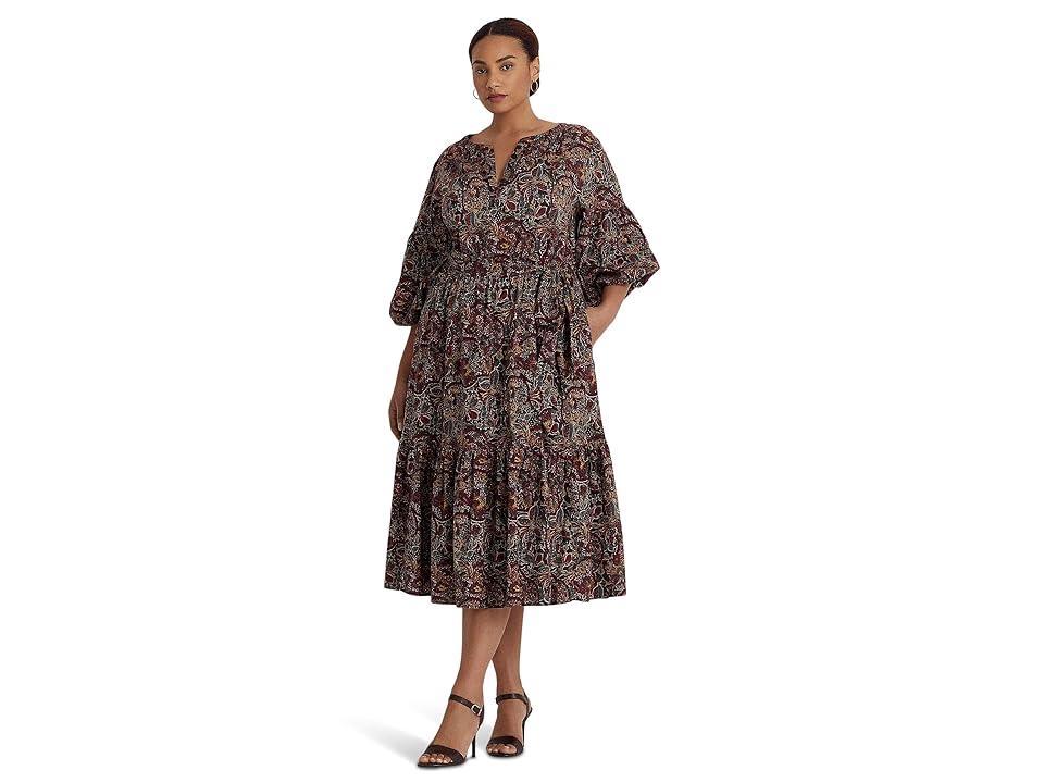 LAUREN Ralph Lauren Plus Size Floral Belted Cotton Voile Tiered Dress Multi) Women's Clothing Product Image