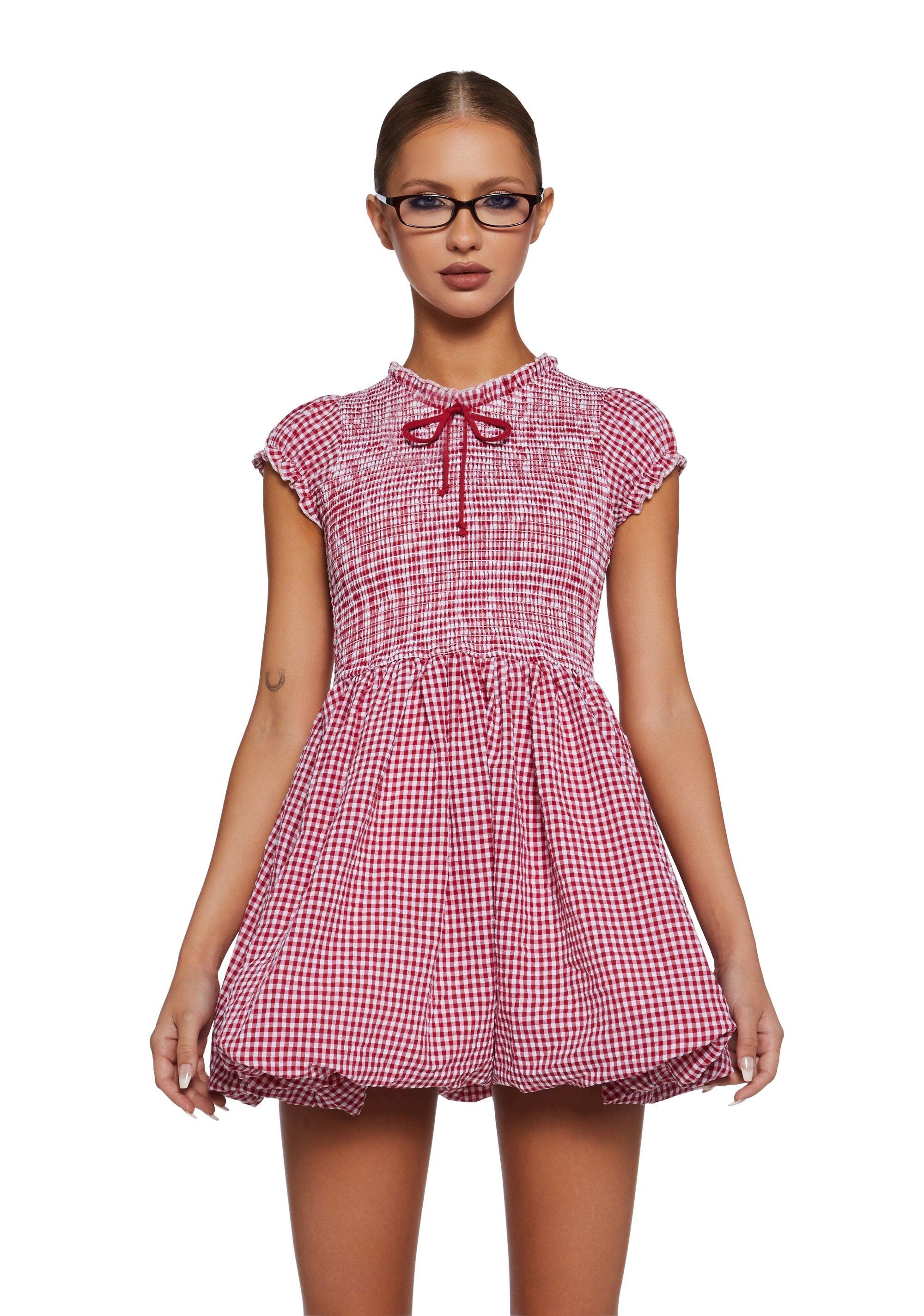 Twill Gingham Shirred Short Sleeve Bubble Mini Dress - Red product image