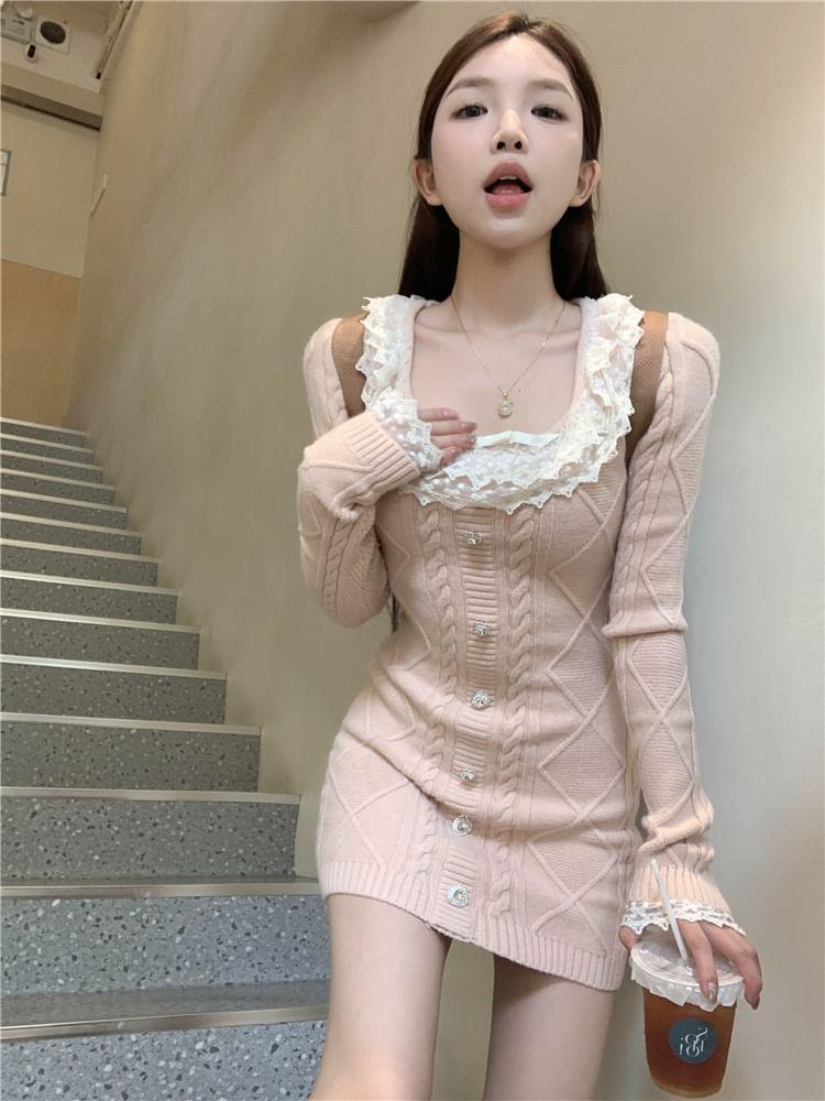 Long-Sleeve Scoop Neck Plain Lace Trim Knit Mini Sheath Dress Product Image