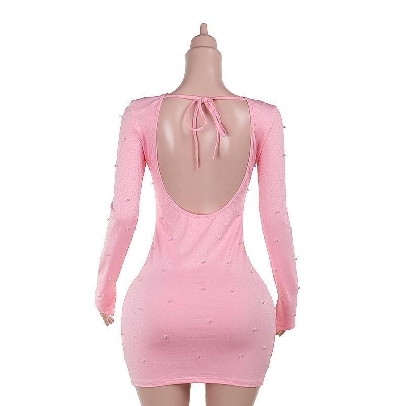 Long Sleeve Crew Neck Faux Pearl Detail Backless Bodycon Mini Dress Product Image