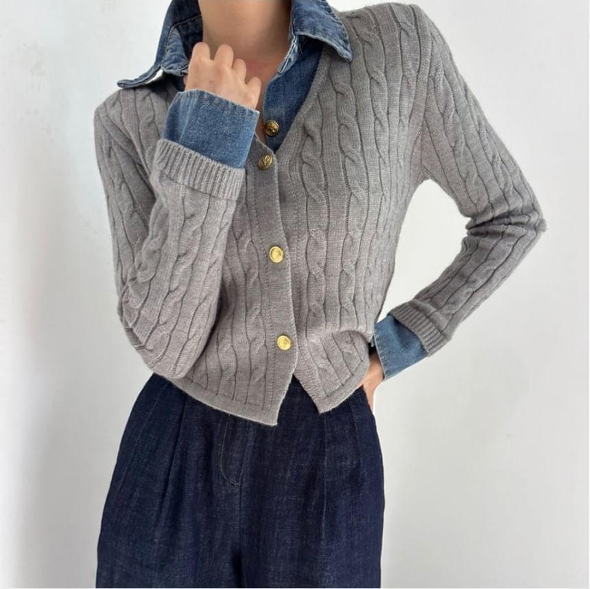 Mock Two-Piece Long-Sleeve Denim Collar Knit Shirt Product Image