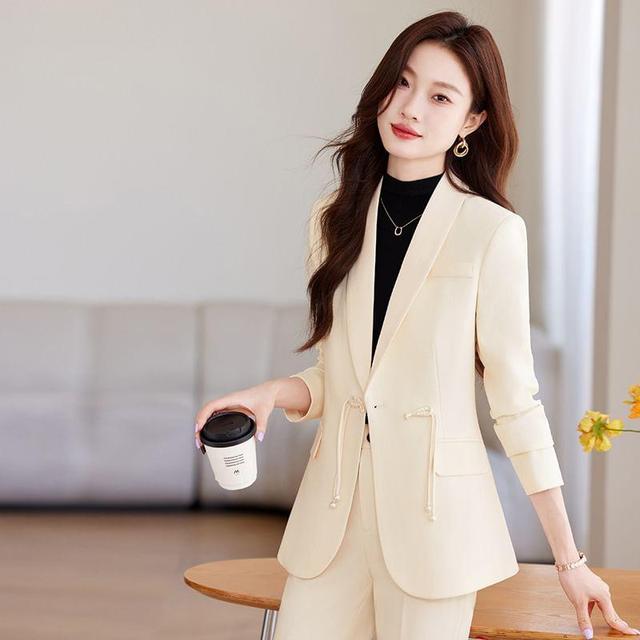 Shawl Lapel Plain Frog Button Blazer / High Rise Bootcut Dress Pants / Set Product Image