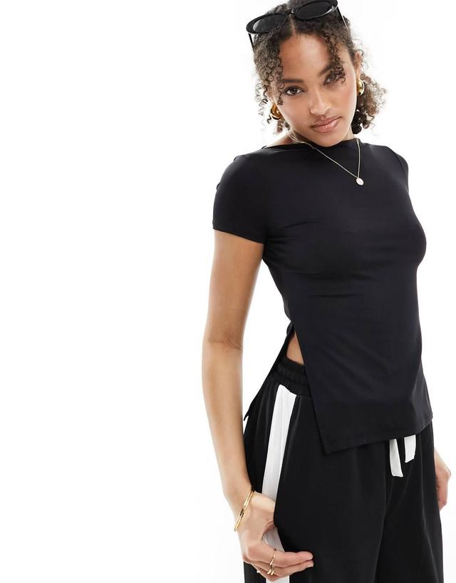 ONLY cap sleeve longline tee with side split in black  Product Image