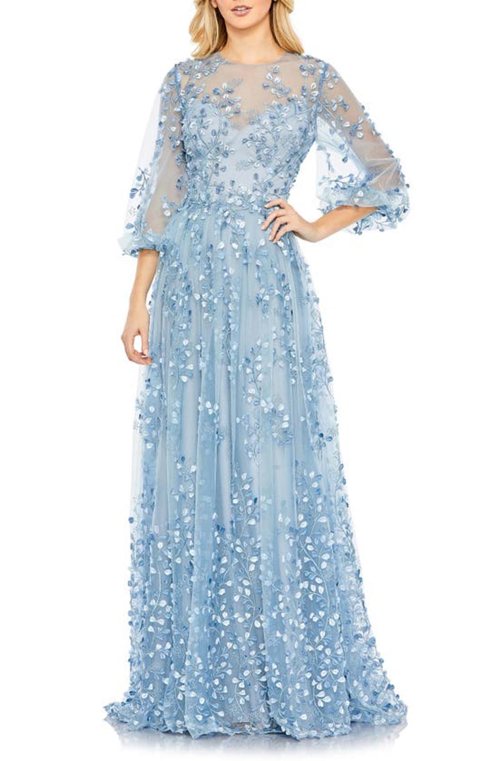 Embroidered Puff Sleeve A-line Gown In Blue Product Image