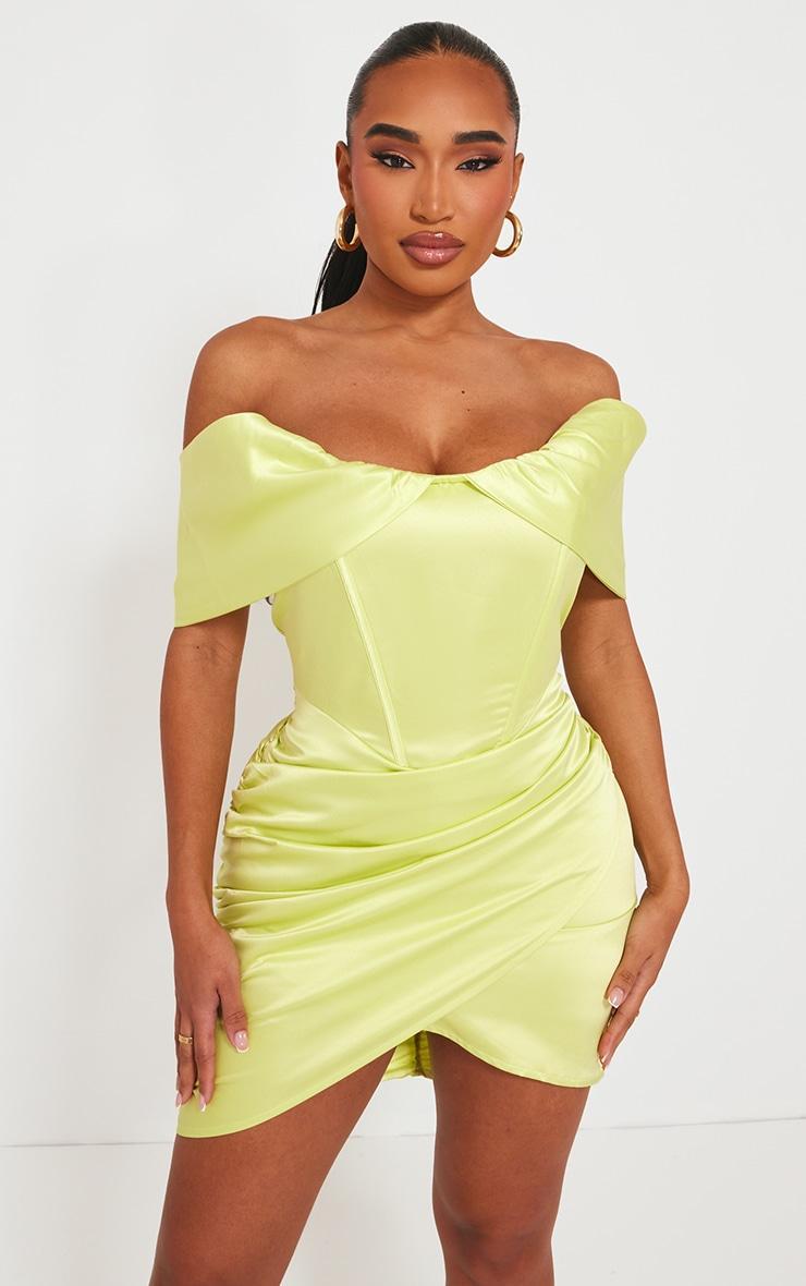 Shape Lime Ruched Corset Detail Bardot Bodycon Dress product image