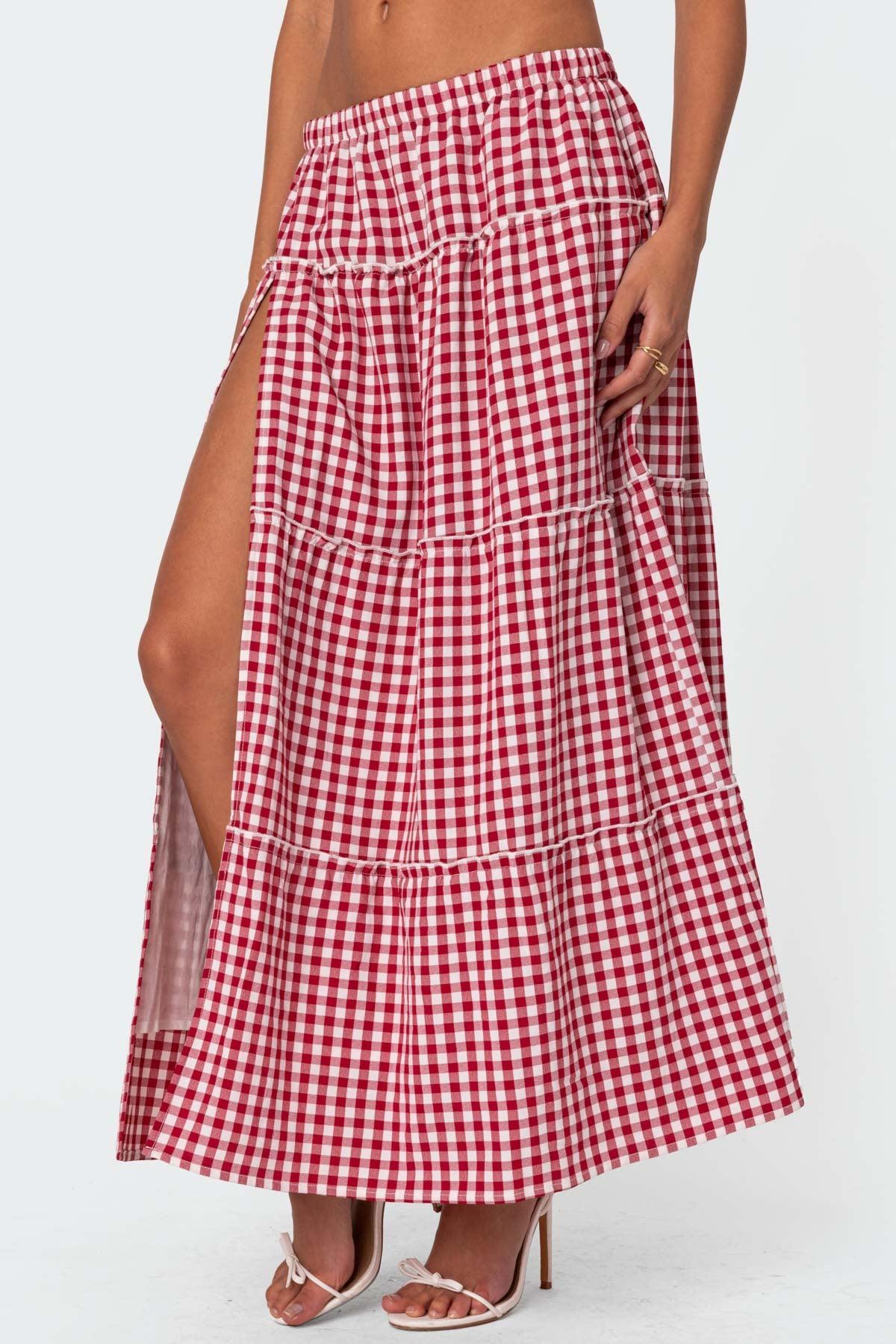 Gingham Side Slit Tiered Maxi Skirt Product Image