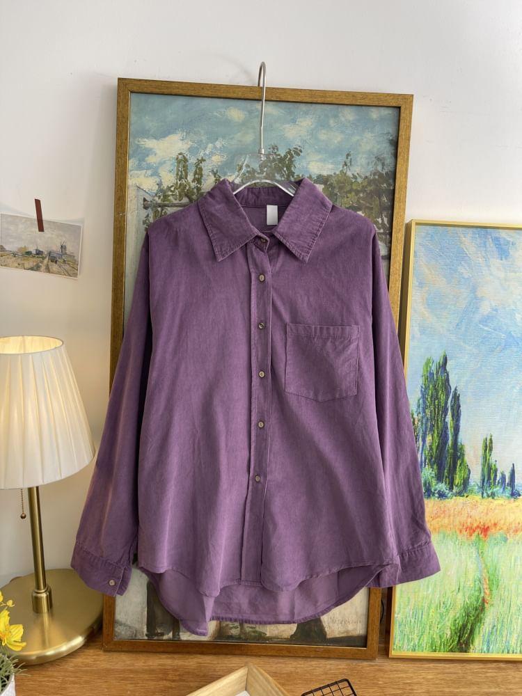 Long-Sleeve Plain Button-Up Shirt Product Image