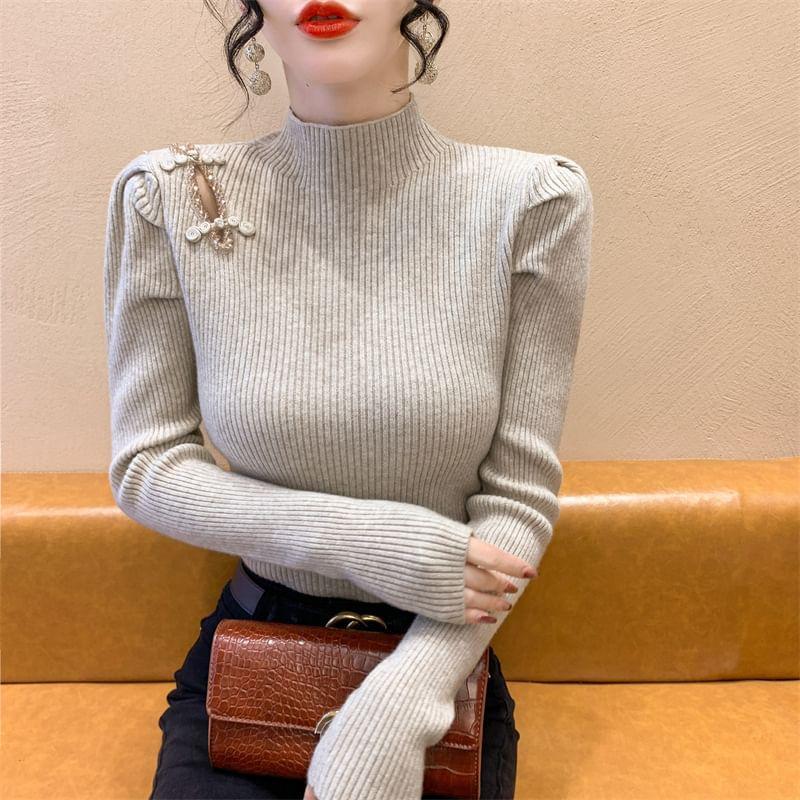 Mock Neck Beaded Cutout Frog Closure Ribbed Sweater Product Image